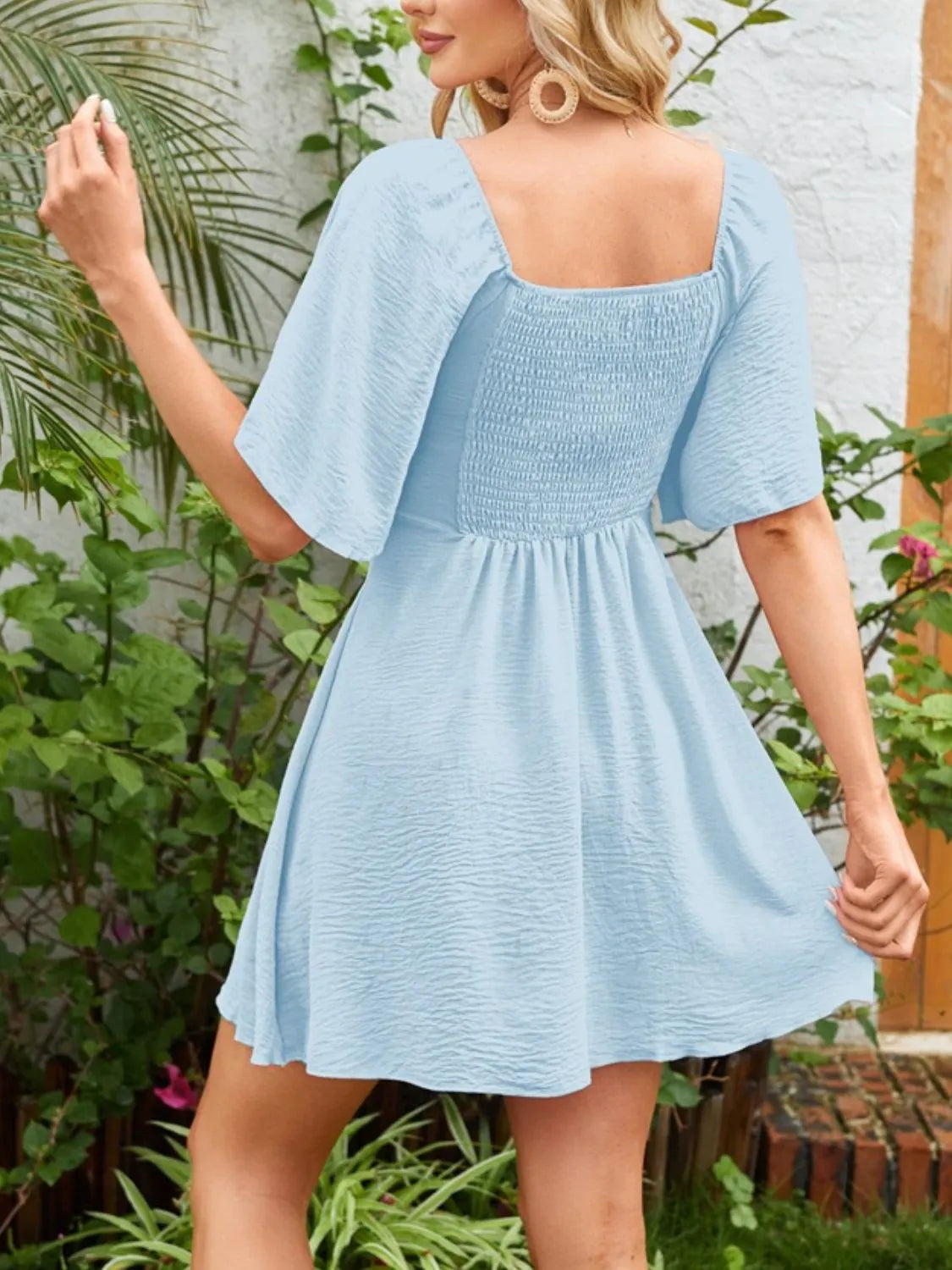 Smocked Back Knotted Flutter Sleeve Dress by Gen Beauty
