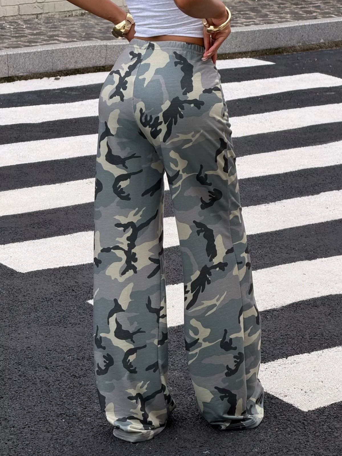 Wide-Leg Casual Pants in Green Camouflage