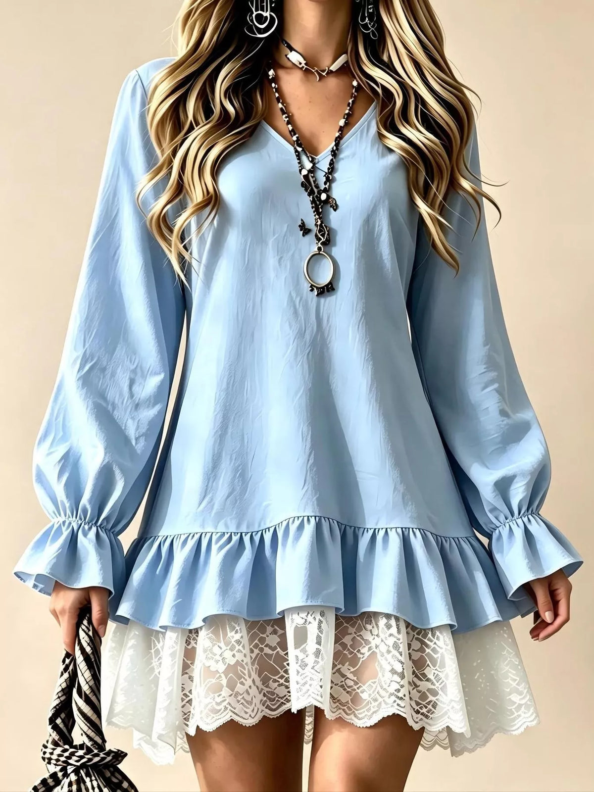 Lace Hem Flounce Sleeve Dress