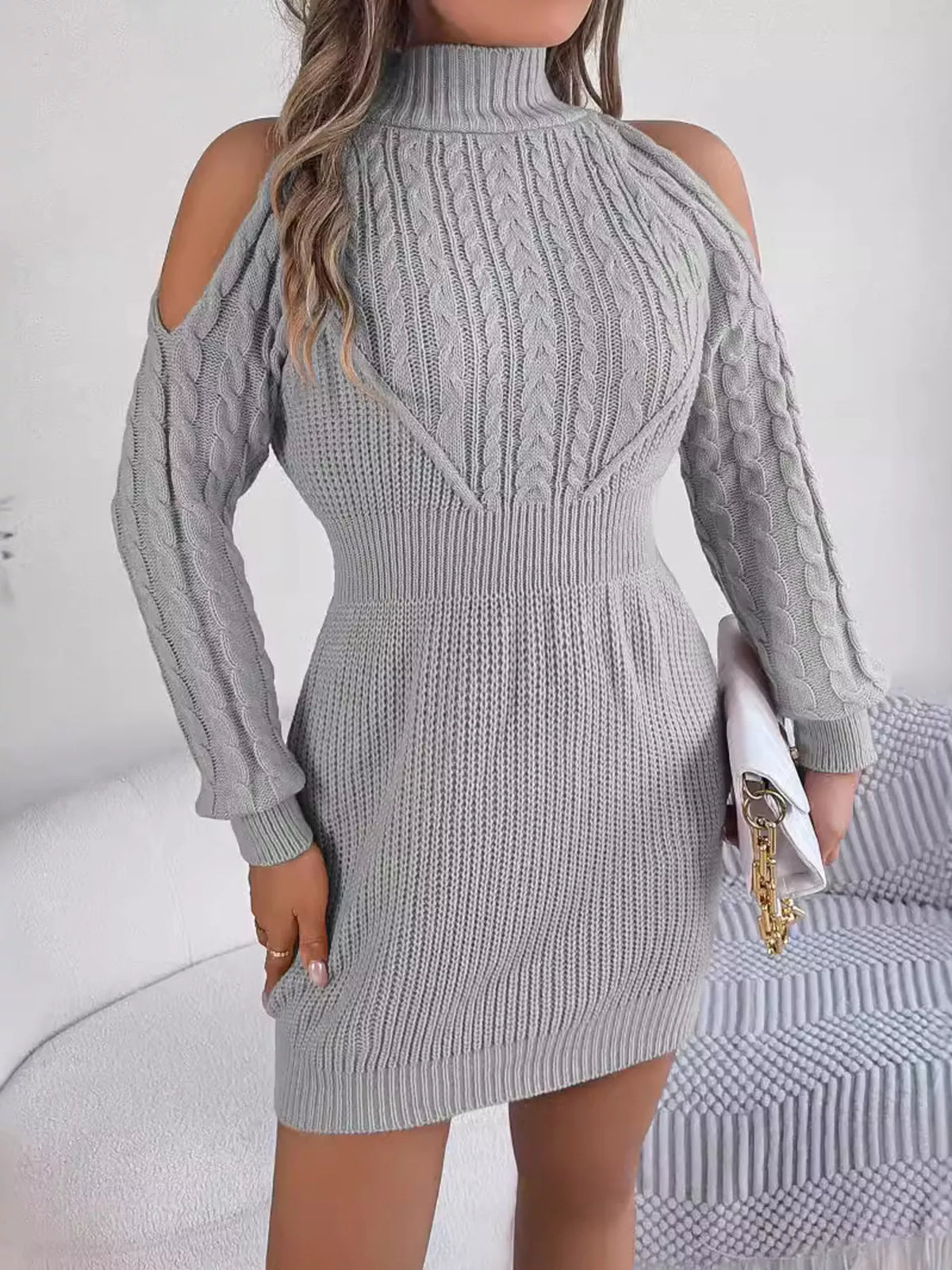 Cold Shoulder Cable Knit Turtleneck Sweater Dress