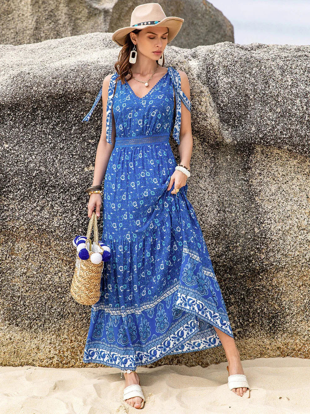 Printed V-Neck Tie-Shoulder Dress in Blue