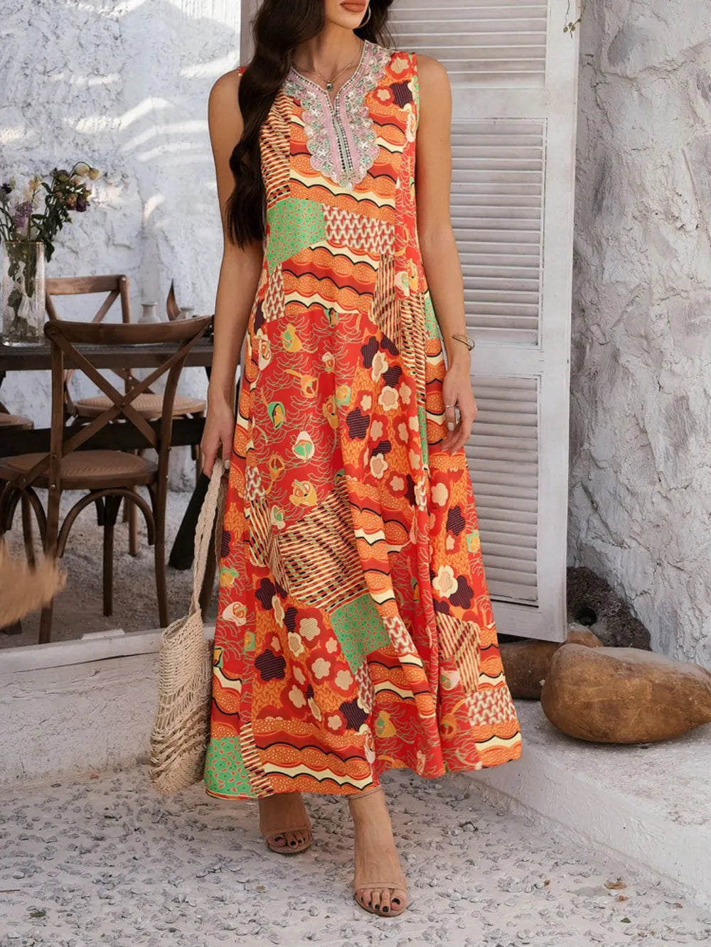 Printed Sleeveless Maxi Dress with Pockets