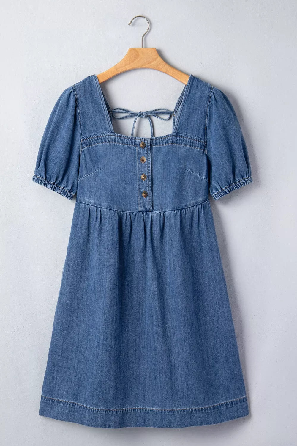 Button-Front Puff Sleeve Denim Dress in Medium Wash