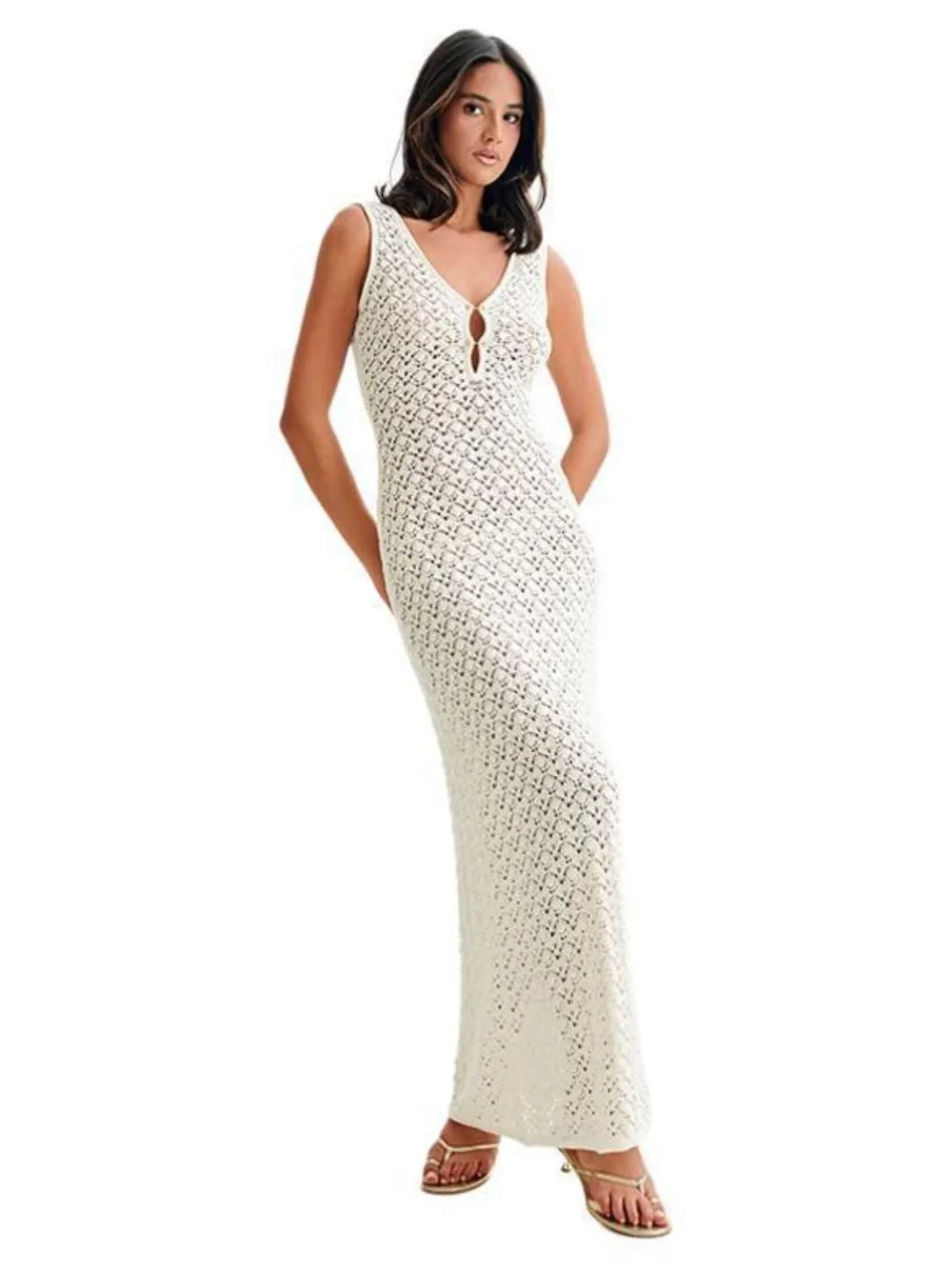 Openwork Sleeveless Maxi Dress with Sheer Detail by D&J Apparel