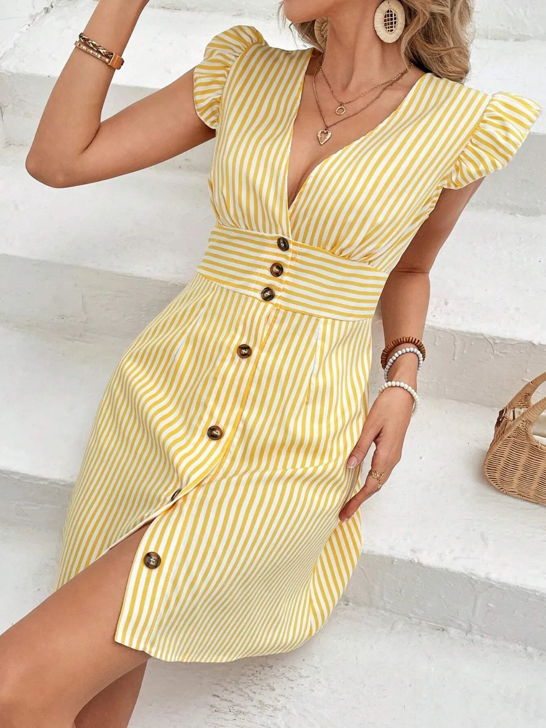 Striped Button-Front Cap Sleeve Dress