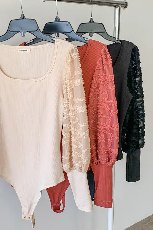And The Why Textured Puff Sleeve Bodysuit in Beige