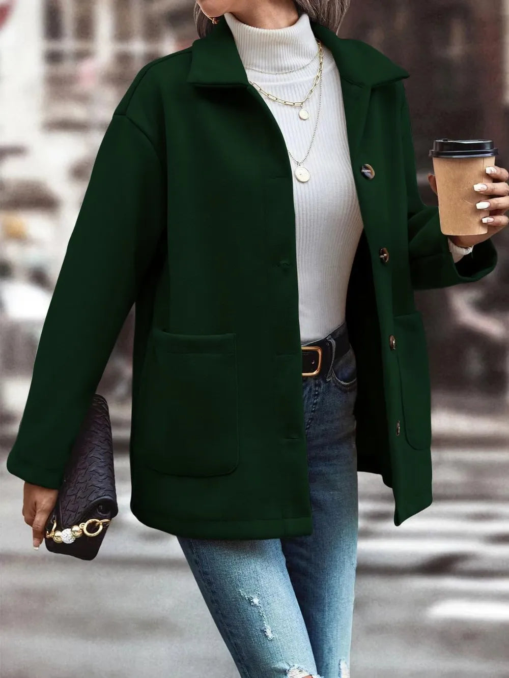 Collared Button-Up Jacket in Black Forest