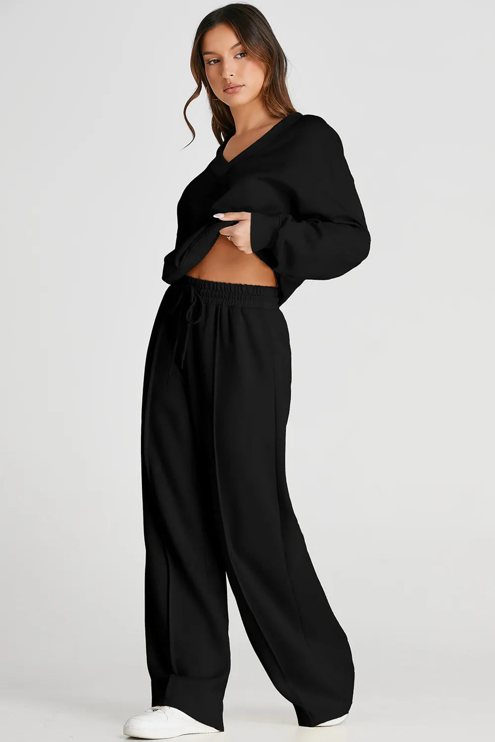 V-Neck Long-Sleeve Top and Pants Active Set in Black