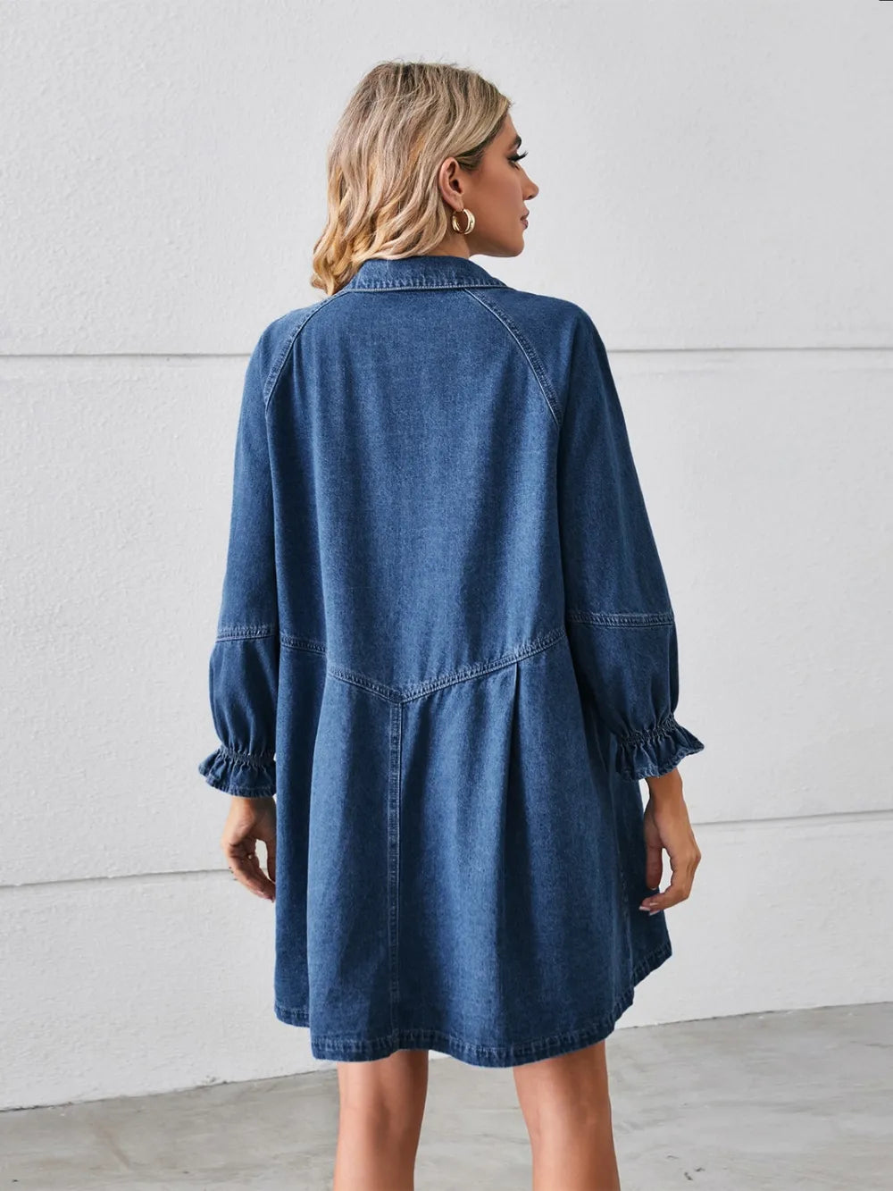 Button Up Flounce Sleeve Mini Denim Dress by Manny