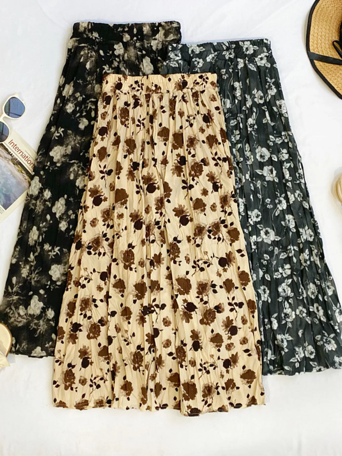 Floral Print Elastic-Waist Midi Skirt