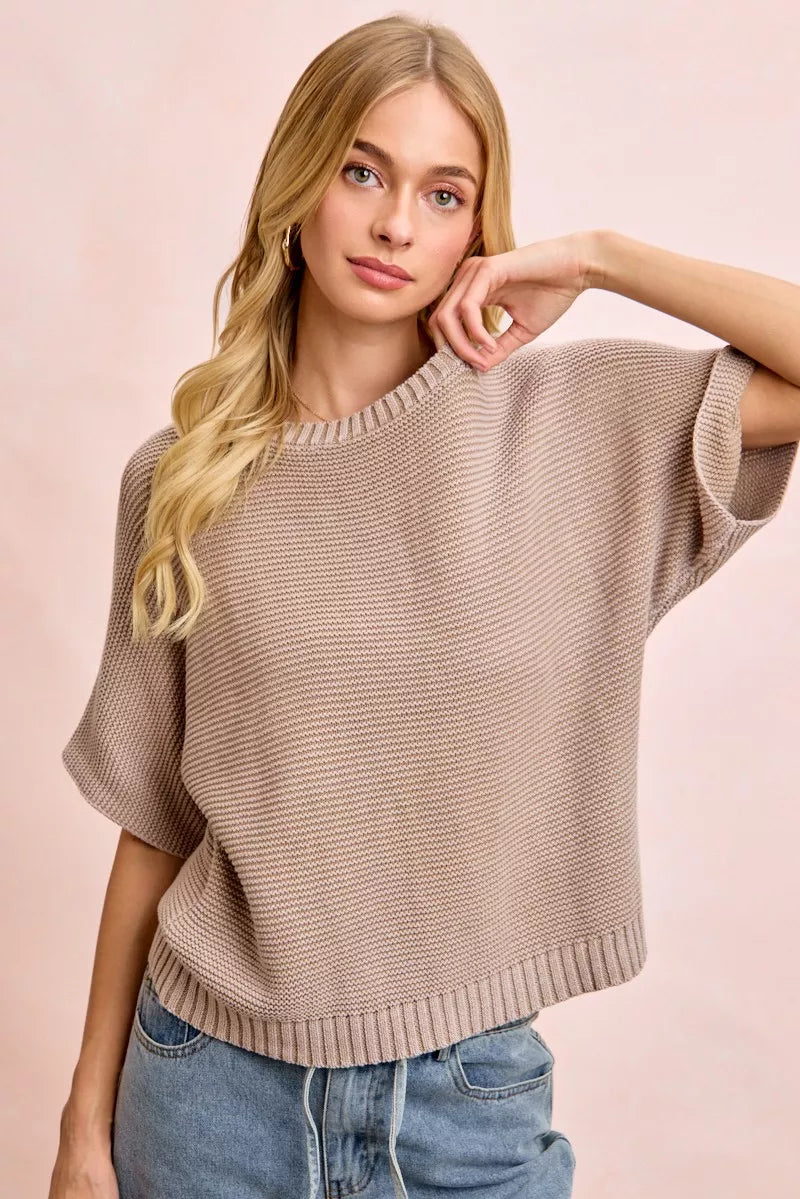 Short Dolman Sleeve Knit Top in Washed Mocha by BiBi