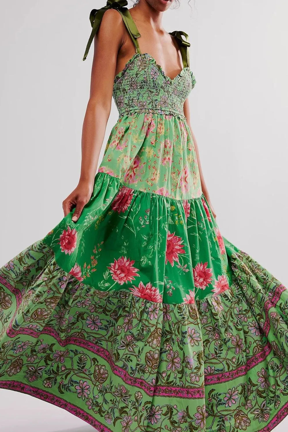 Floral Tiered Maxi Dress with Mixed Print