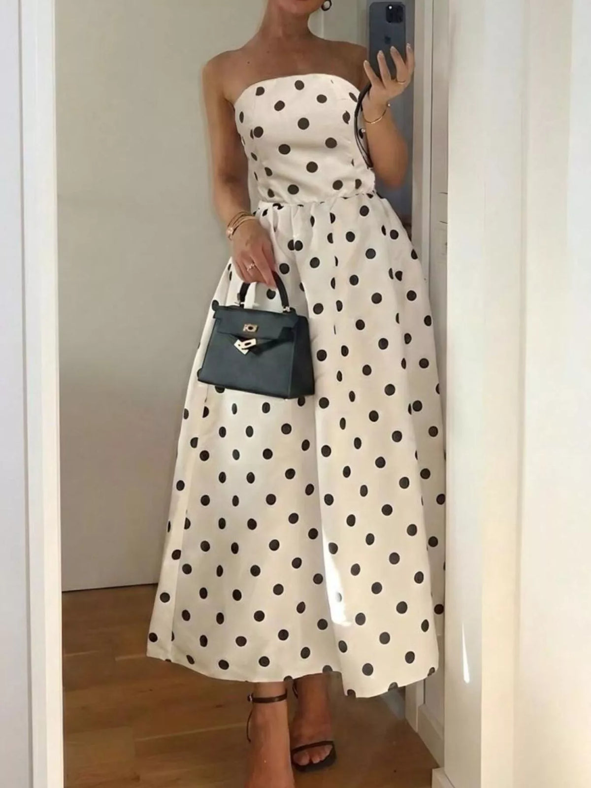 Polka Dot Strapless Midi Dress in Cream