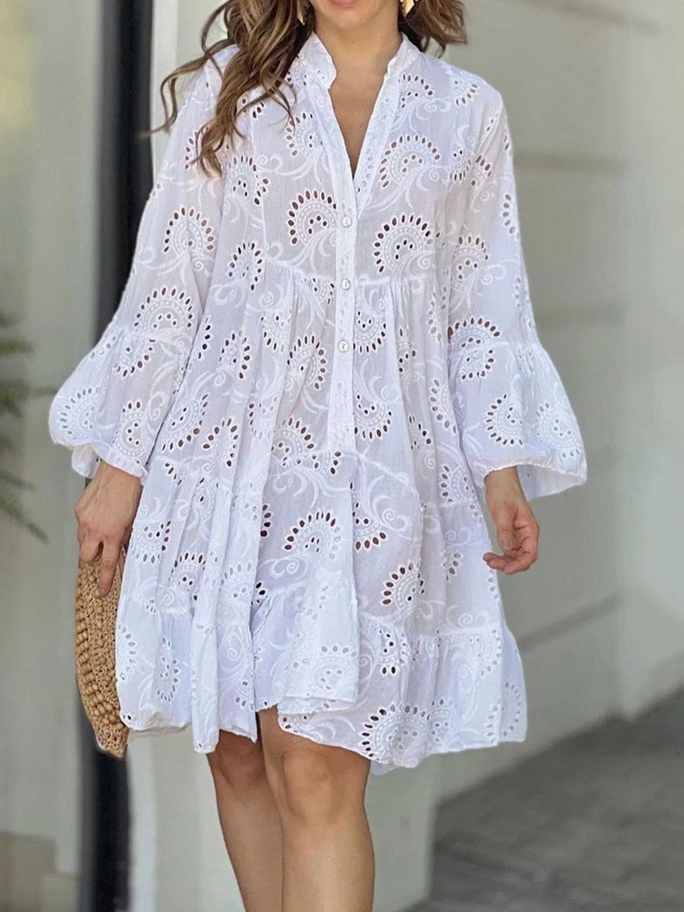 Eyelet V-Neck Tiered Ruffle Dress
