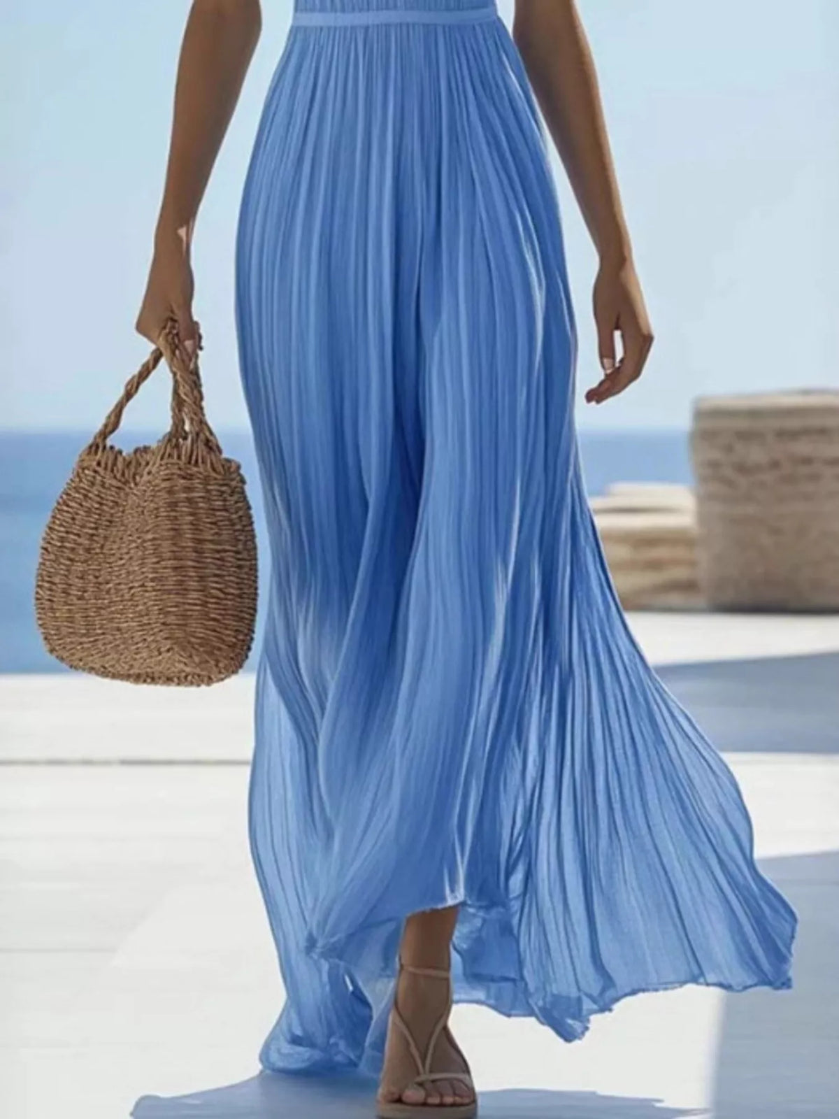 Ruched V-Neck Maxi Dress in Sky Blue