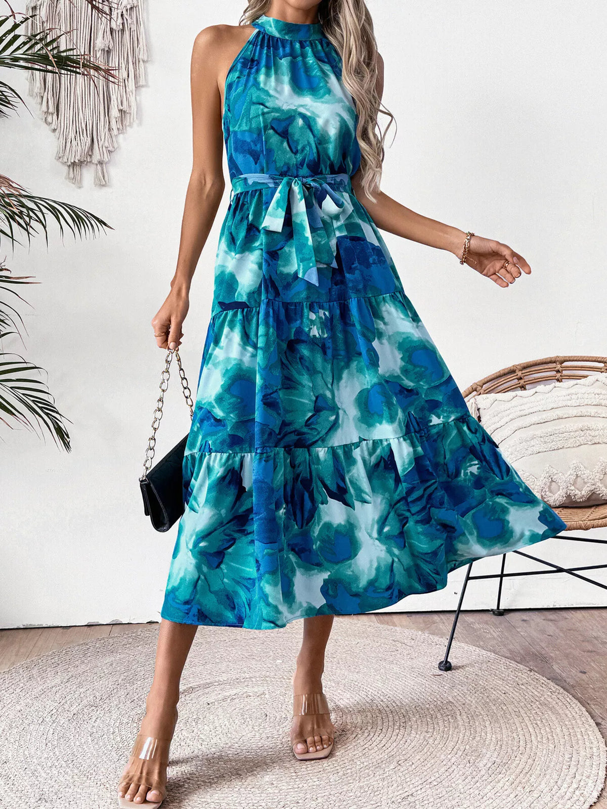 Floral Tiered Midi Dress in Blue