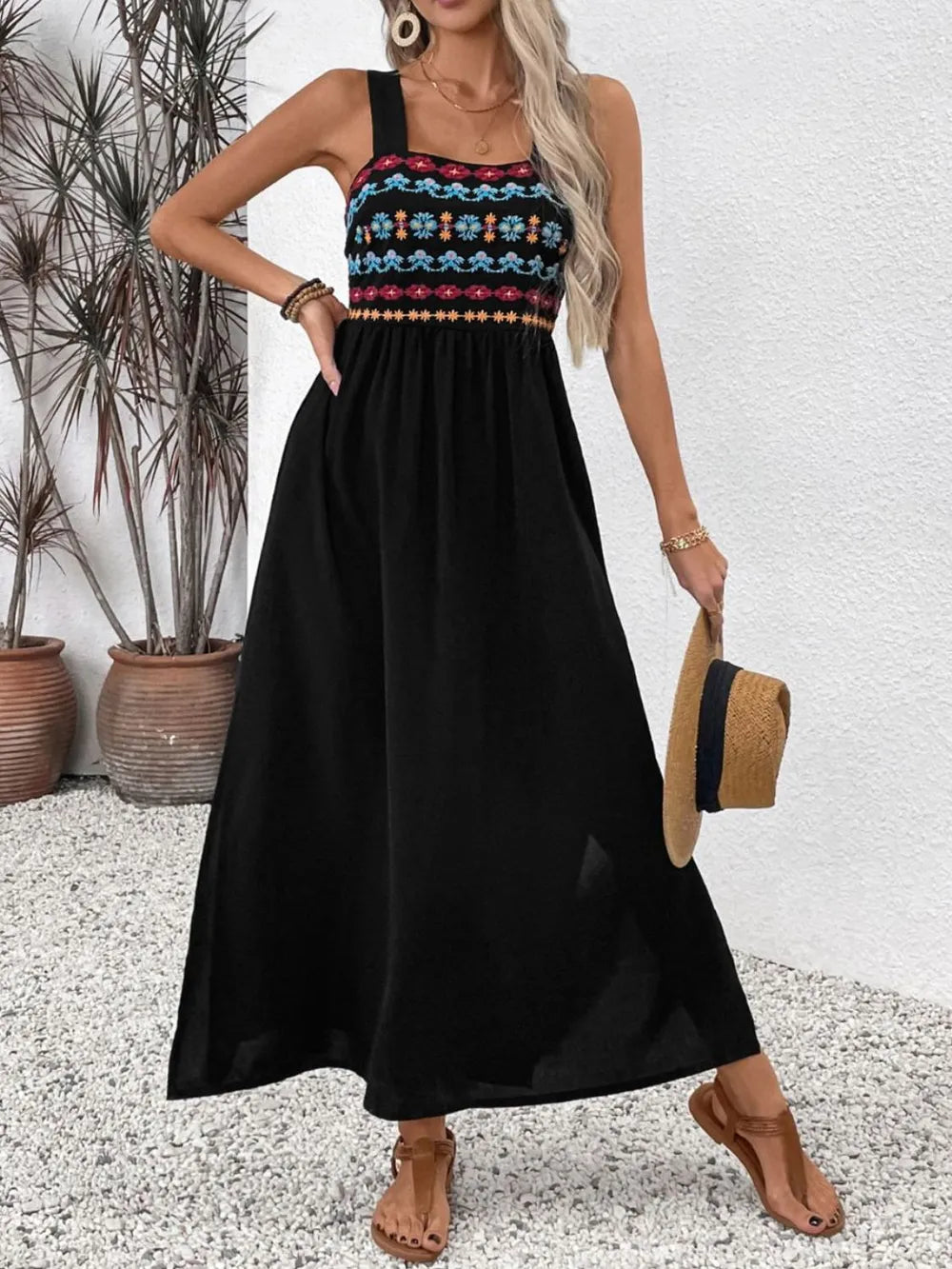Embroidered Floral Side Slit Midi Dress in Black