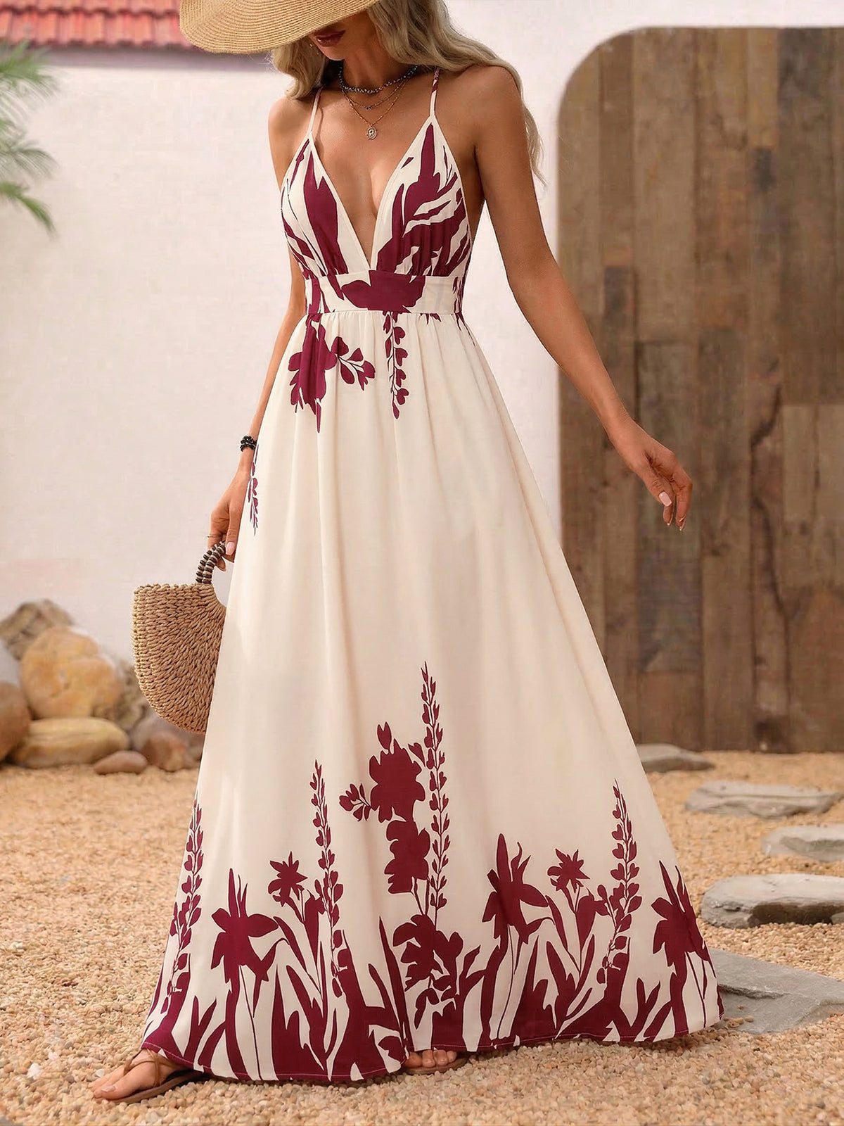 Deep V-Neck Spaghetti Strap Maxi Dress in Red