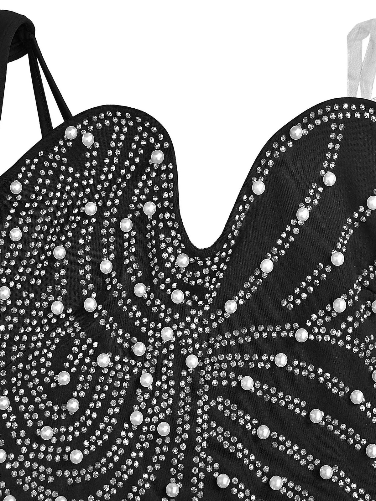 Rhinestone Pearl One-Shoulder Mermaid Dress in Black