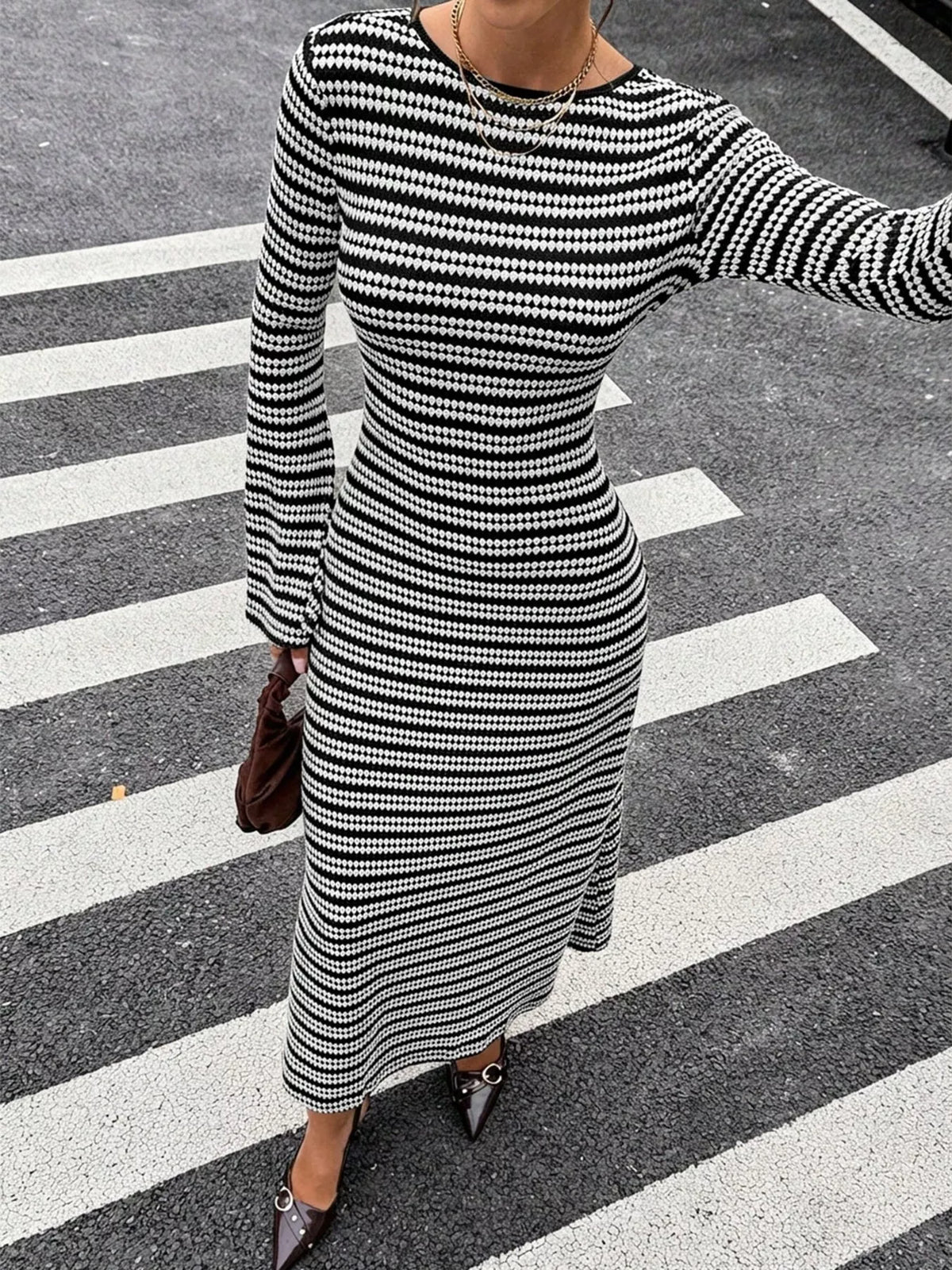 Striped Sweater Dress with Flared Sleeves
