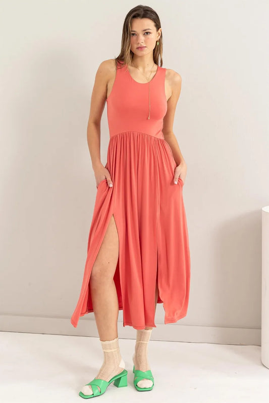 Hyfve Sleeveless Slit Midi Dress in Spiced Coral