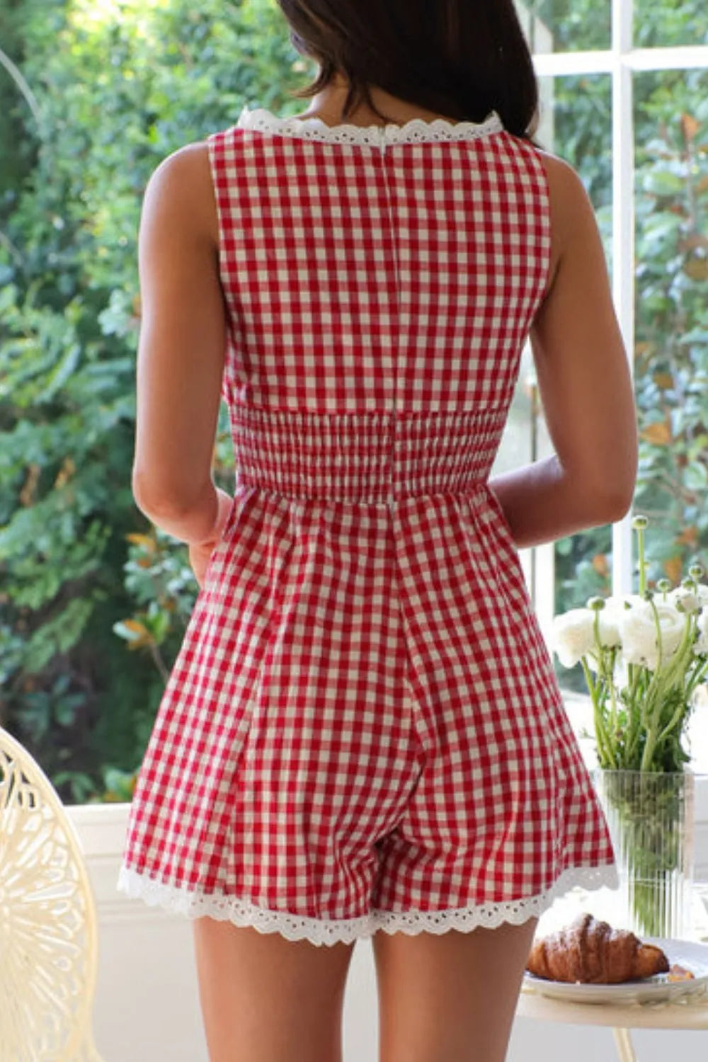 Lace-Detail Plaid Sleeveless Romper