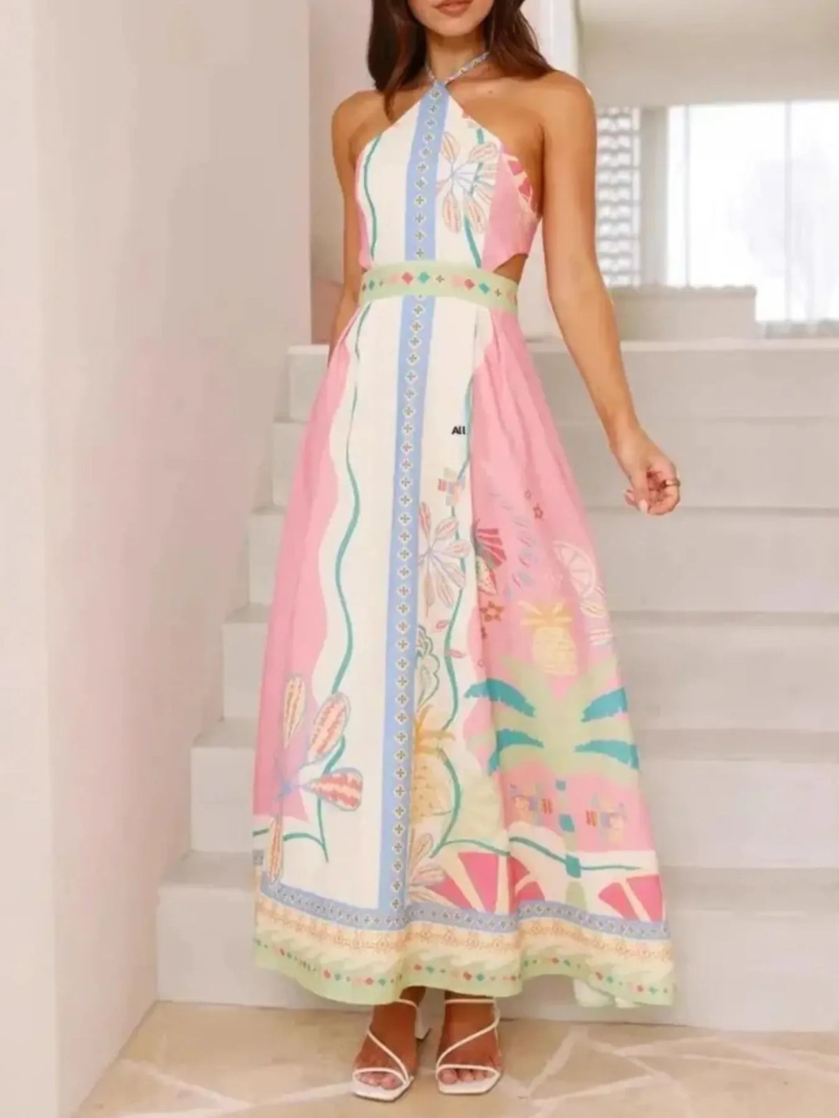 Halter Neck Printed Backless Maxi Dress in Blush Pink