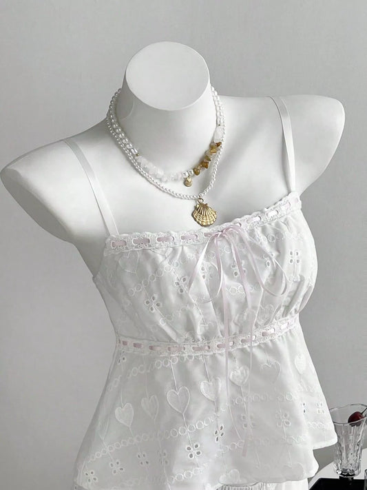 Lace Eyelet Cami and Shorts Set in White