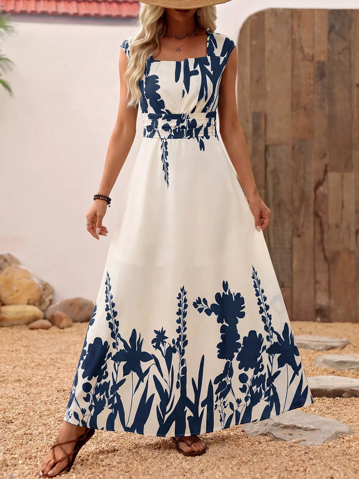 Printed Square Neck Maxi Dress in Blue