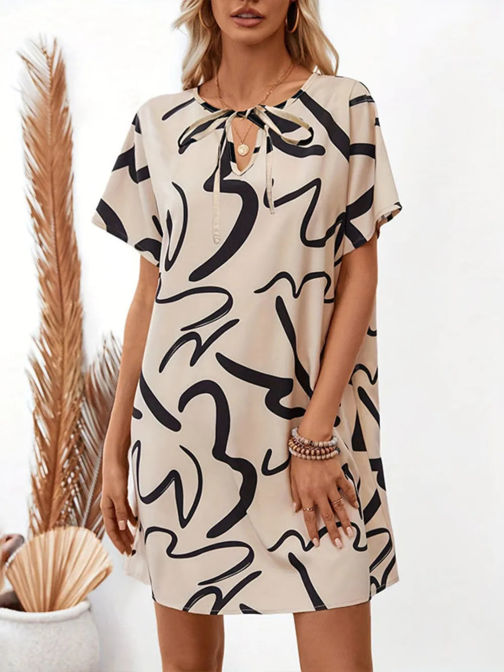 Printed Short Sleeve Mini Dress in Tan