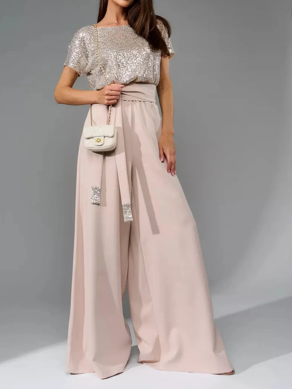 Sequin Round Neck Short Sleeve Jumpsuit, Plus Size