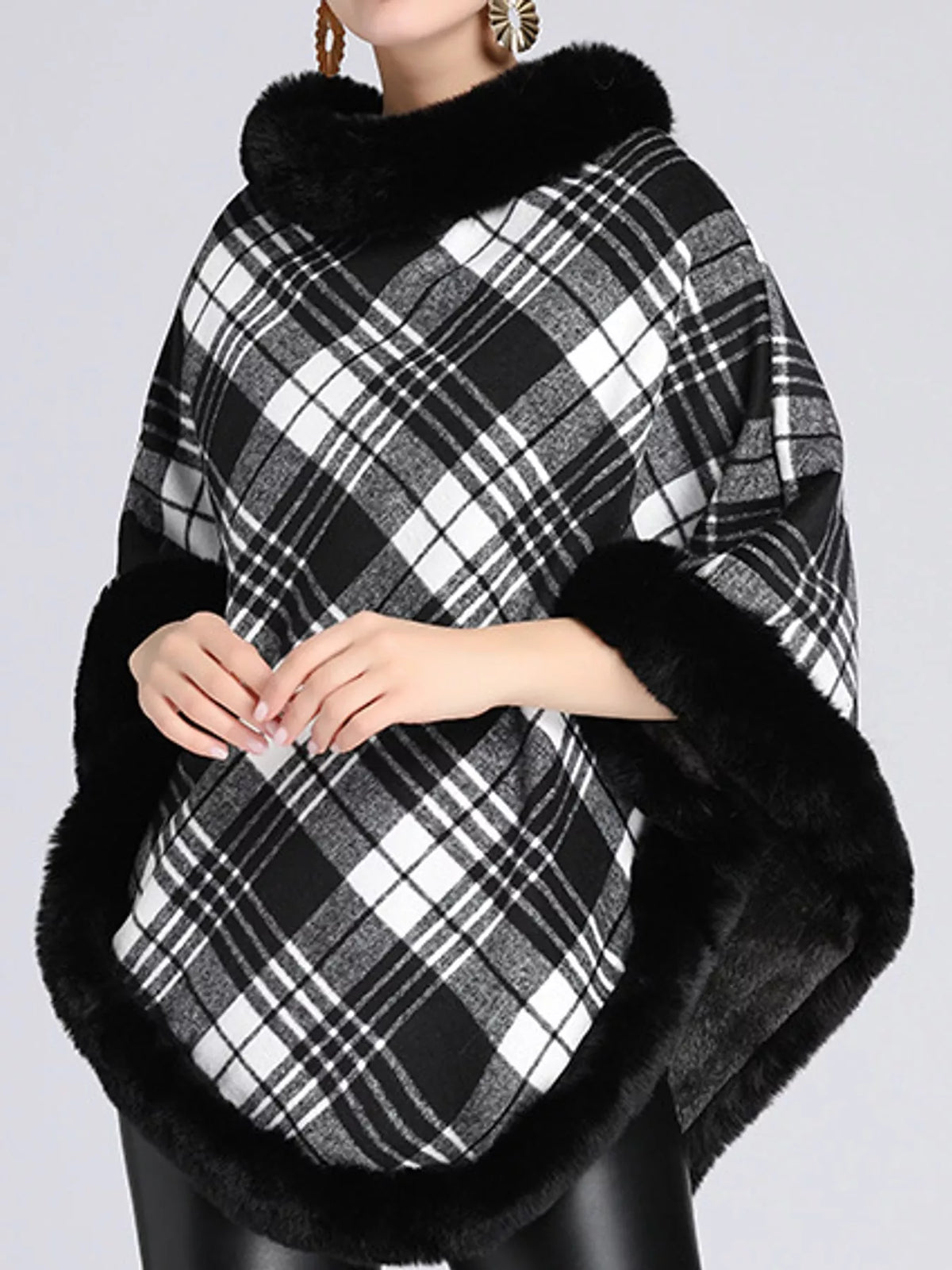 Plaid Faux Fur Trim Poncho Cape