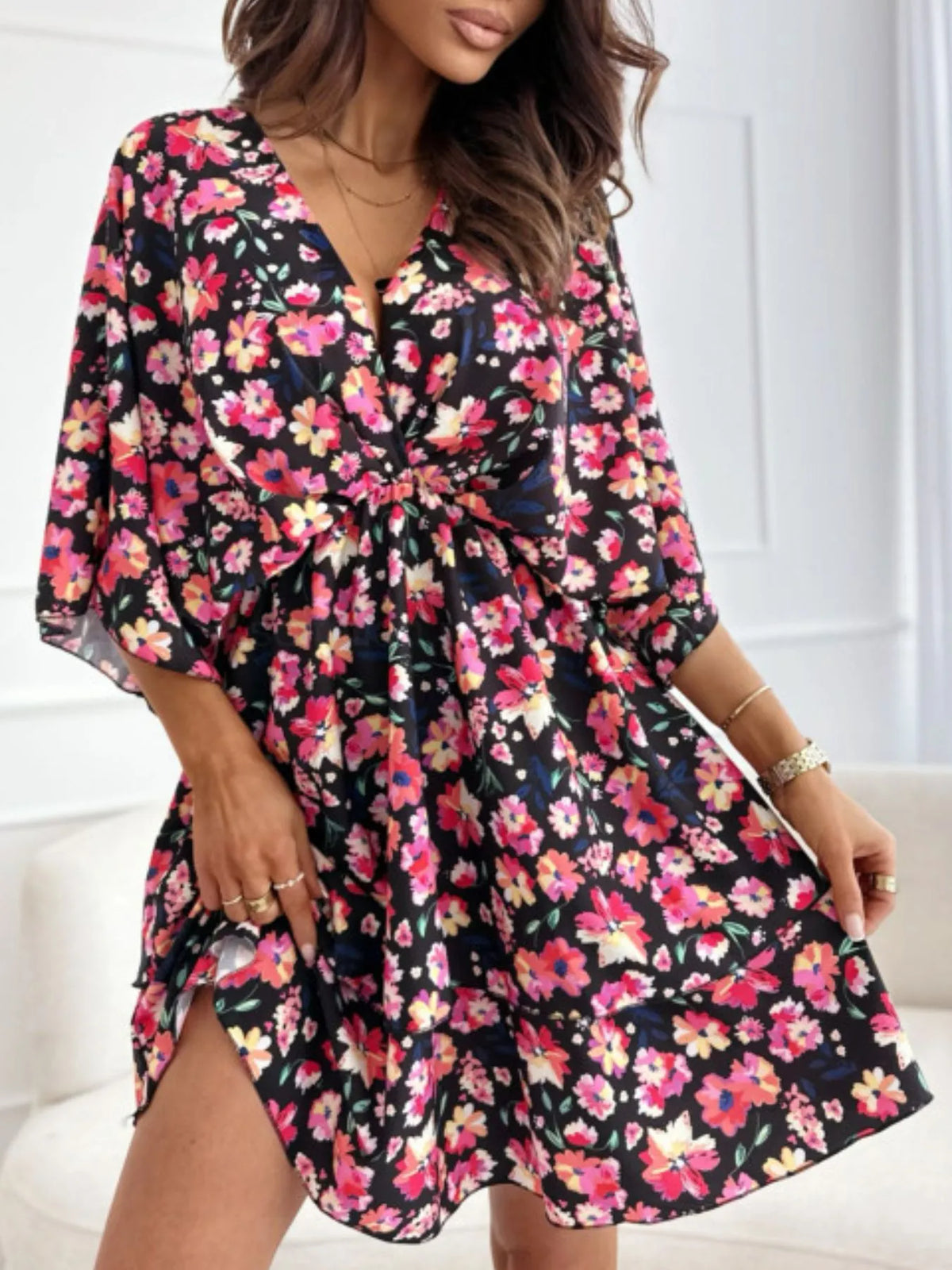Floral V-Neck Ruffle Mini Dress