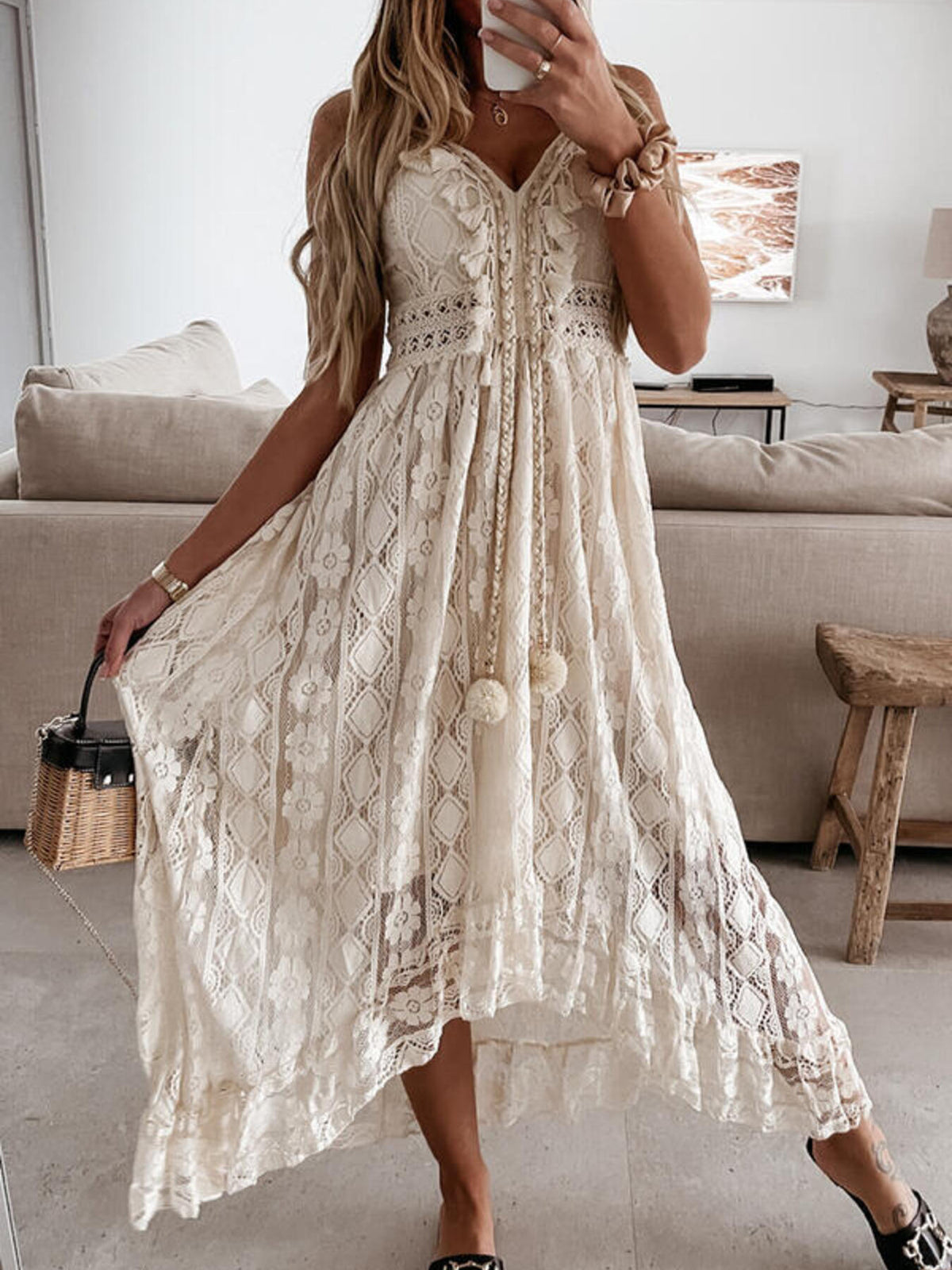 Ruffled Lace V-Neck Maxi Dress