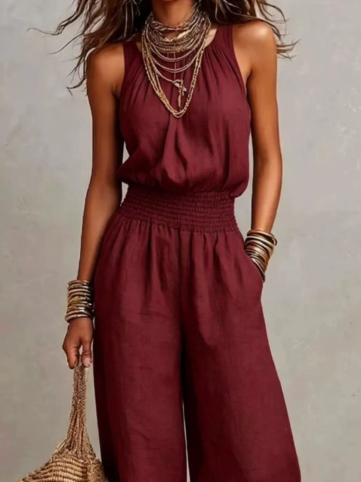 Halter Neck Smocked Wide-Leg Jumpsuit