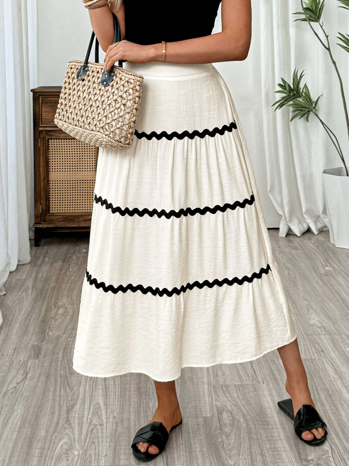 Tiered Flowy Midi Skirt in Beige