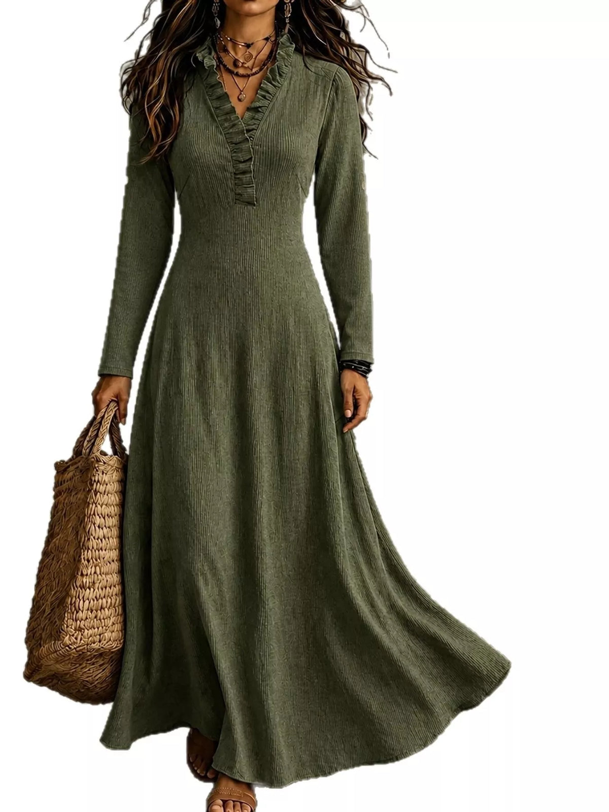 Frill Roll-Up Sleeve Maxi Dress