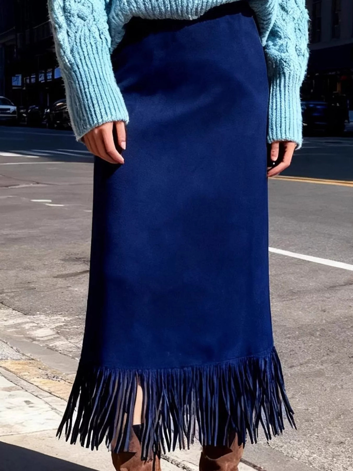 High-Waisted Fringe Midi Skirt
