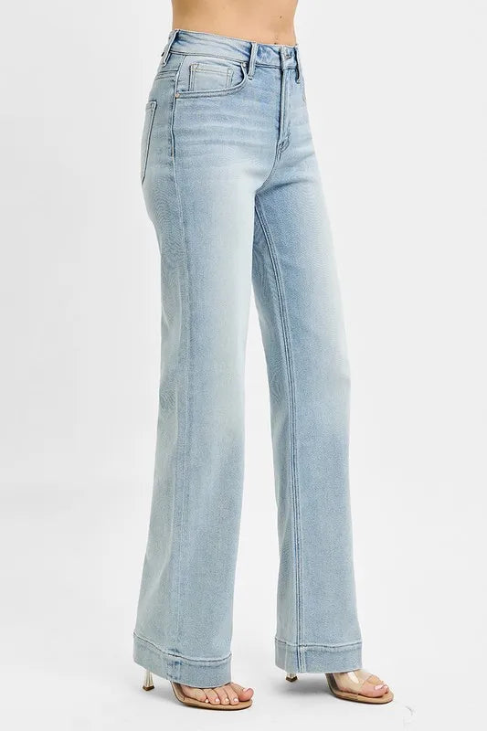Risen High Rise Straight Leg Jeans in a Light Wash