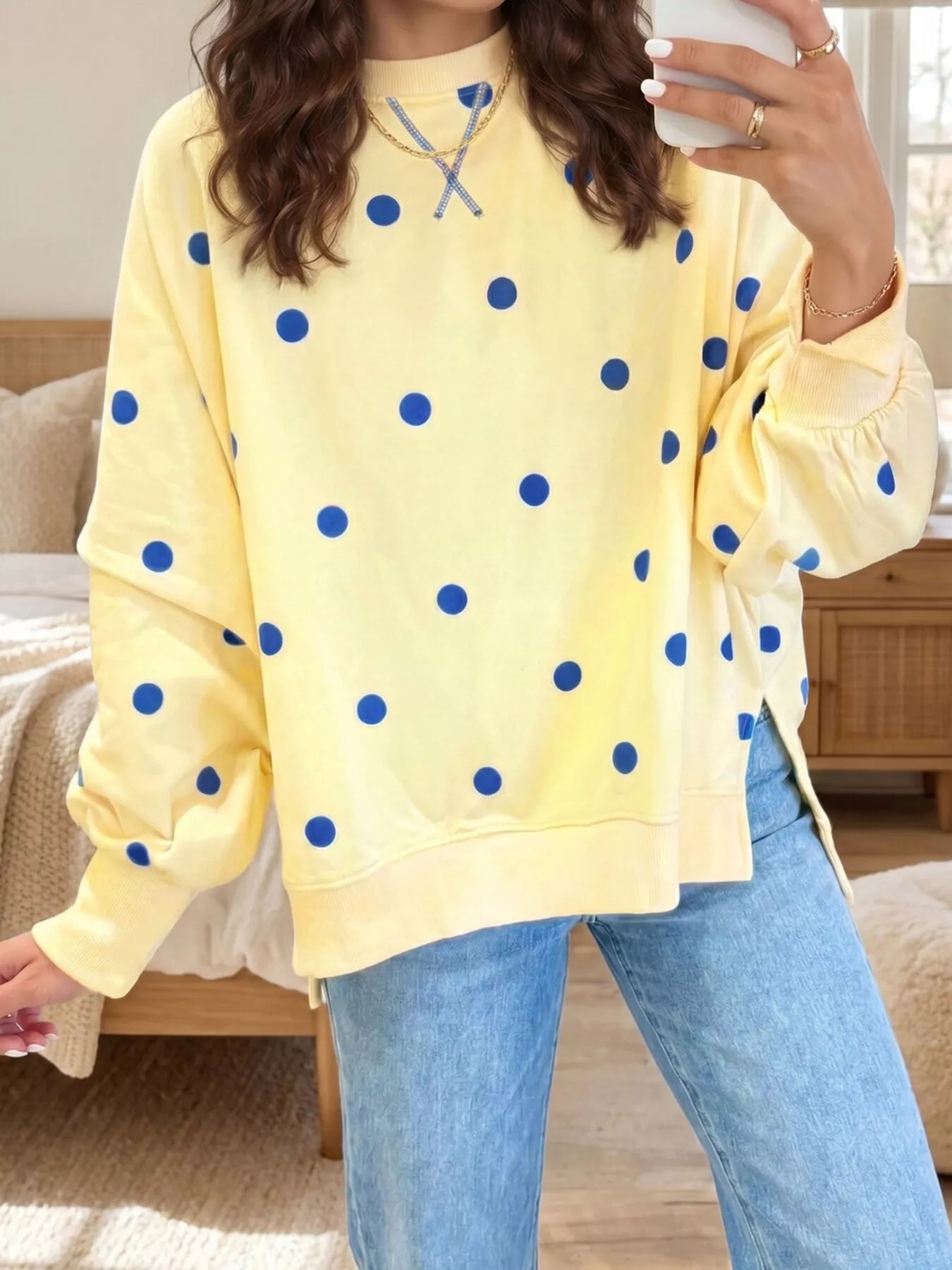 Side Slit Polka Dot Sweatshirt