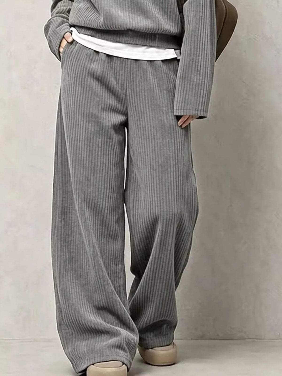 Corduroy Button-Front Top and Wide Leg Pants Set