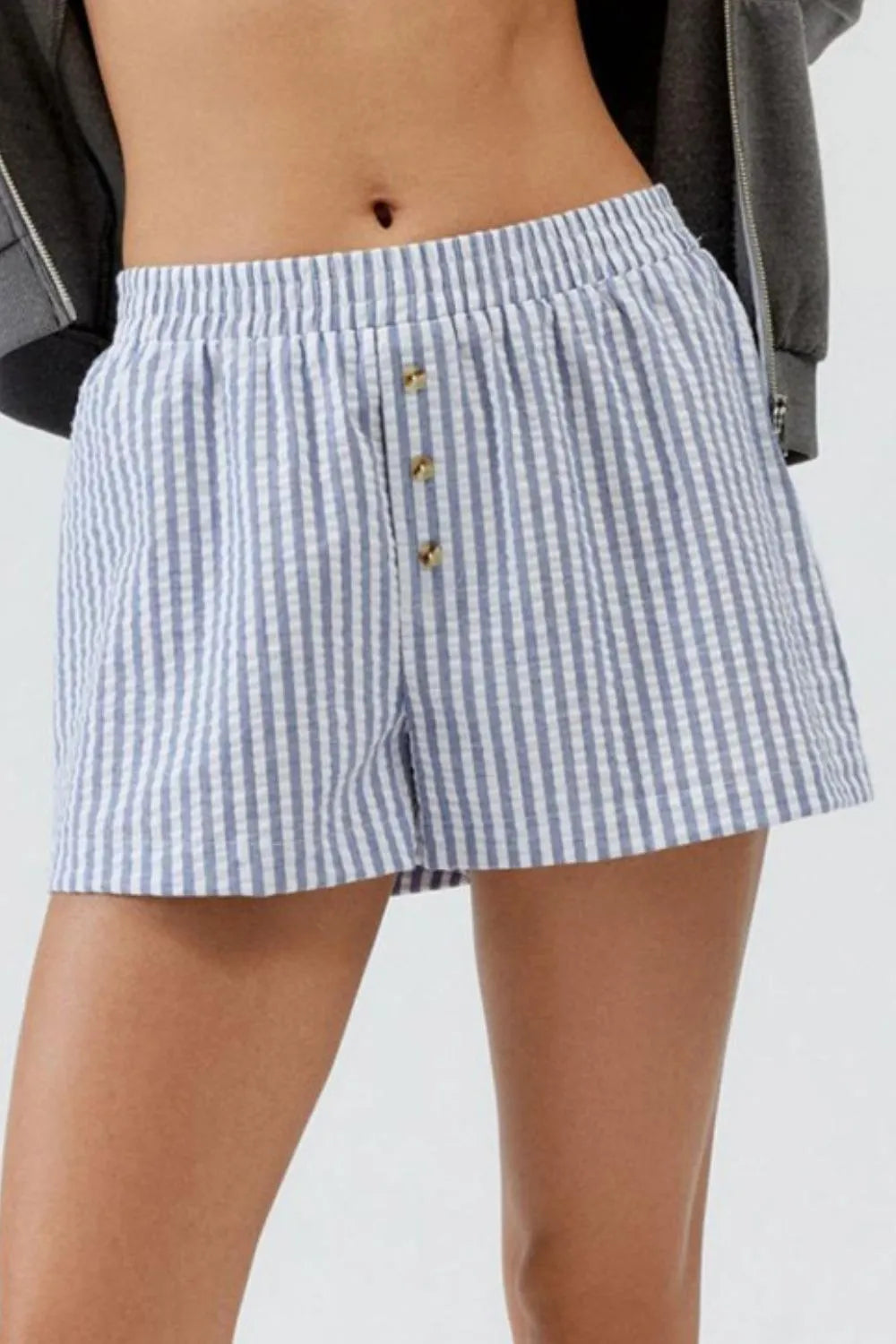 Striped Elastic Waist Shorts with Button Detail by Mystique Q