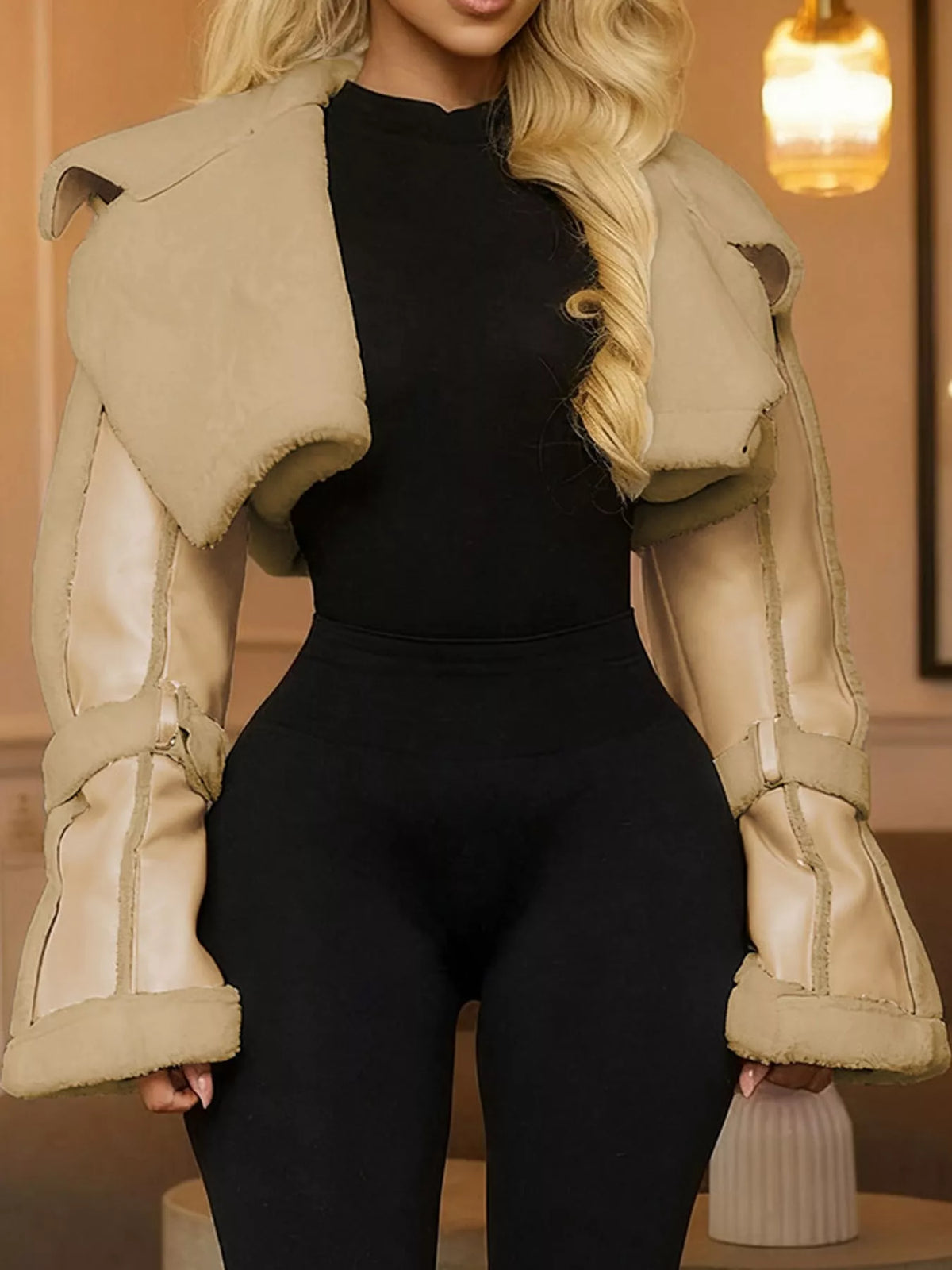 Faux Leather Plush Cropped Jacket