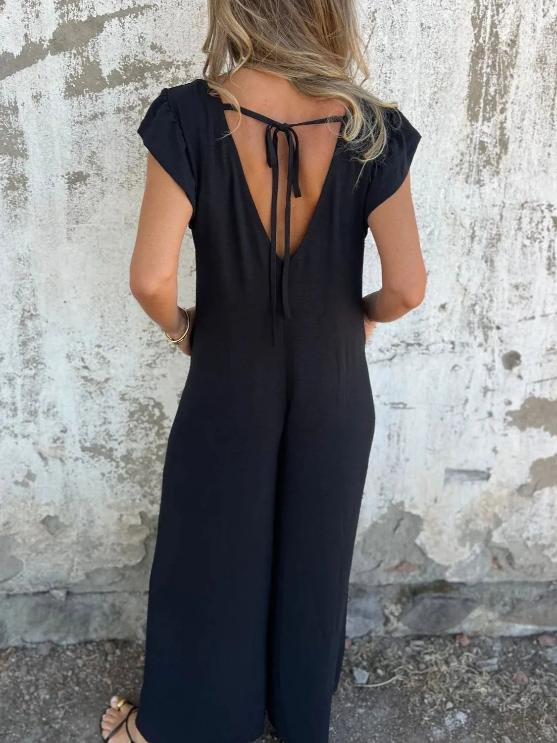 V-Neck Cap Sleeve Wide Leg Jumpsuit