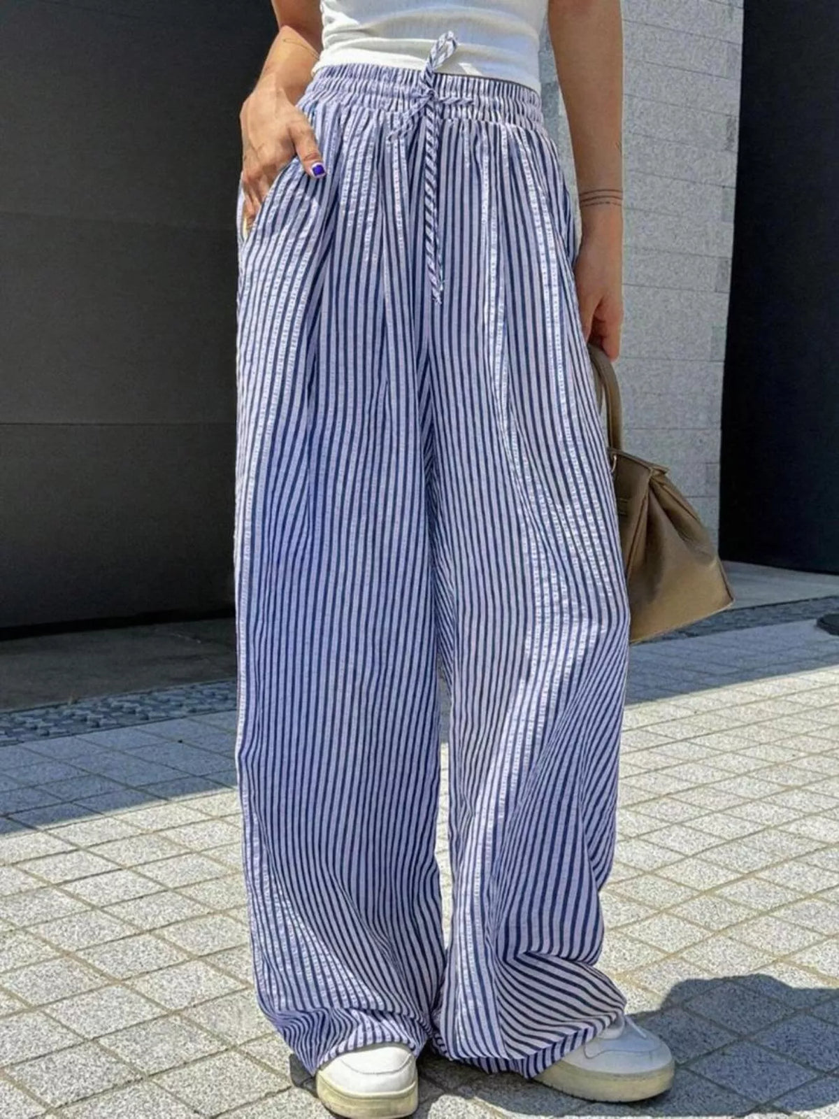 Striped Drawstring Wide Leg Pants
