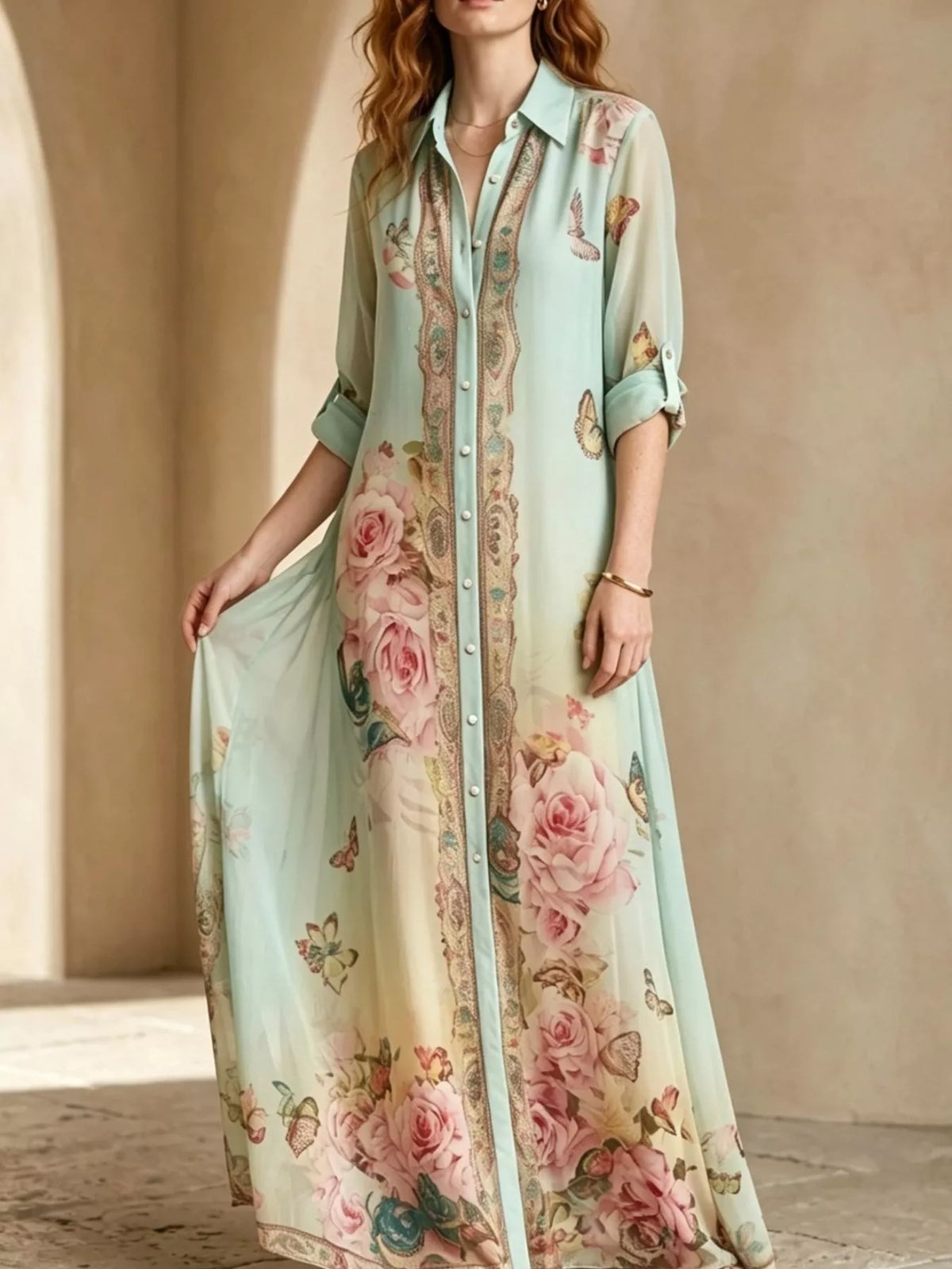 Floral Button-Down Maxi Shirt Dress in Green by Kaelinne