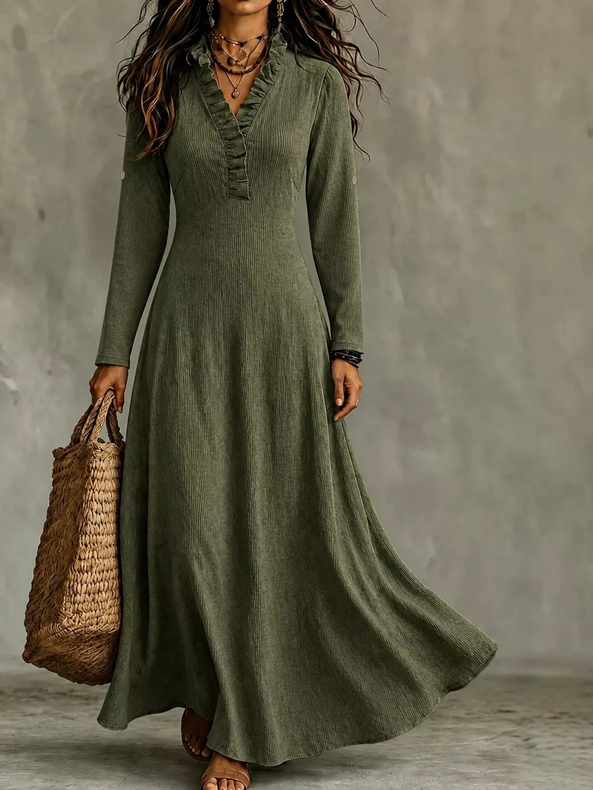 Frill Roll-Up Sleeve Maxi Dress