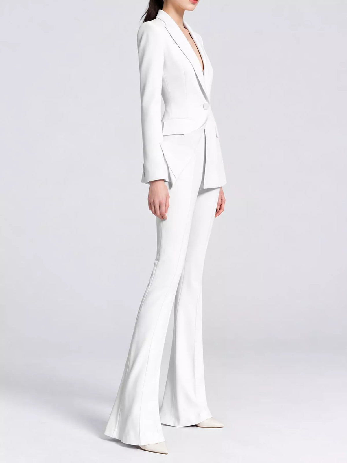 One-Button Blazer and Flared Pants Set in White