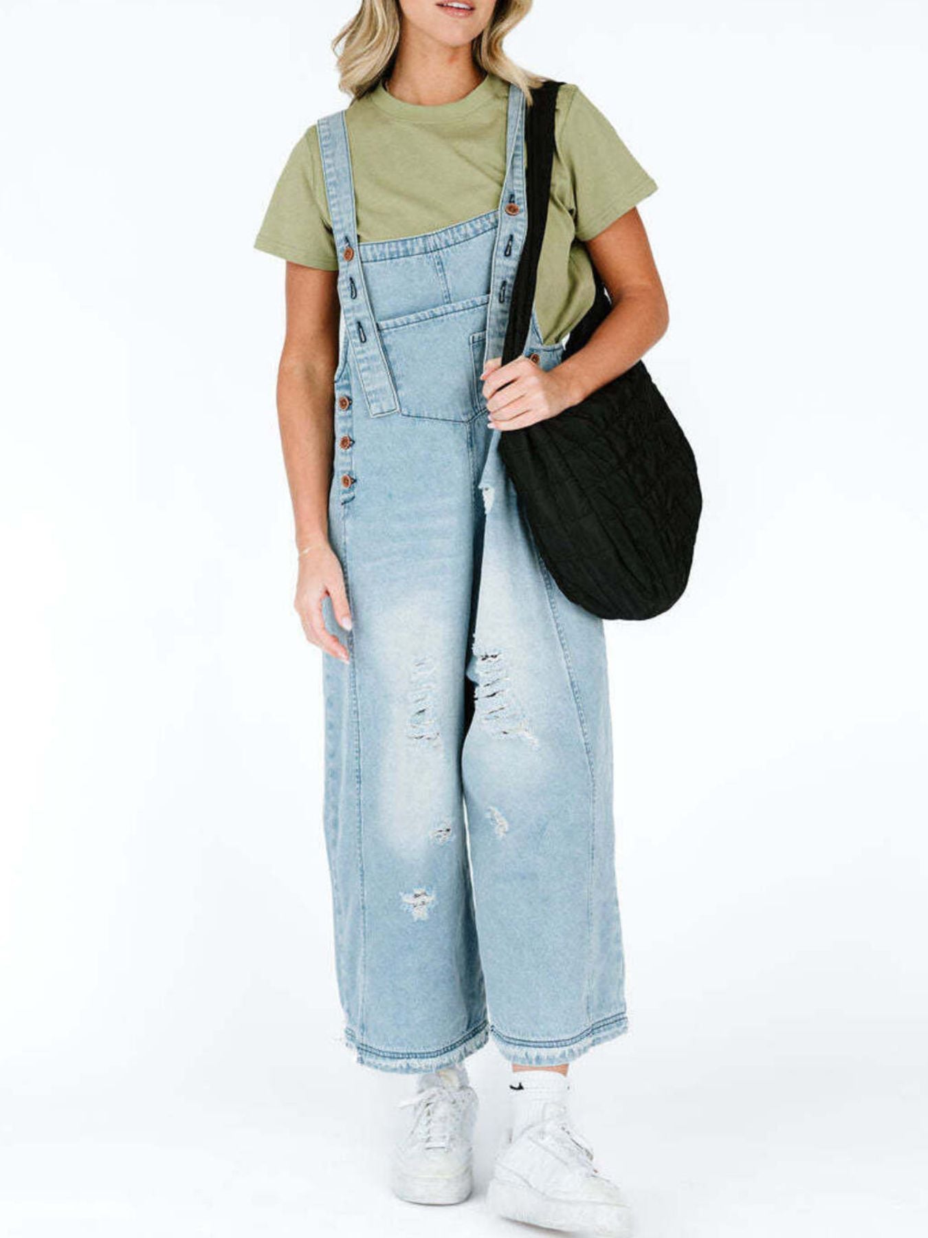 Distressed Wide Leg Denim Overalls by Dreamy Drapes