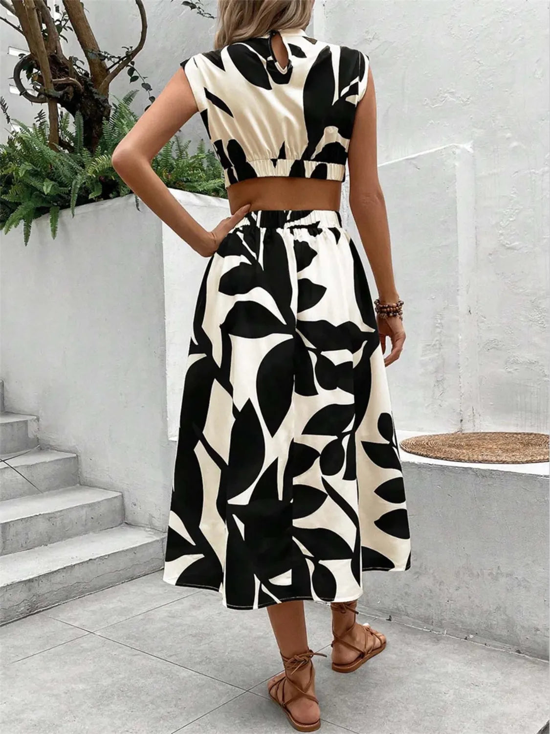Cutout Cap Sleeve Printed Midi Dress